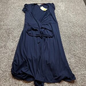 Boden Jersey Wrap Dress Womens 6L Navy Blue Stretch V Neck Cap Sleeve Tie‎ Waist